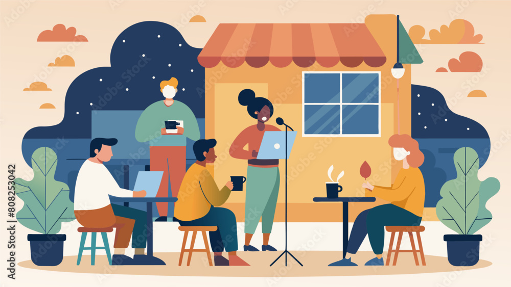A local coffee shop hosting a monthly open mic night specifically for neurodivergent writers to come and share their work with a supportive audience.. Vector illustration A local coffee shop hosting a monthly open mic night specifically for neurodivergent writers to come and share their work with a supportive audience.. Vector illustration