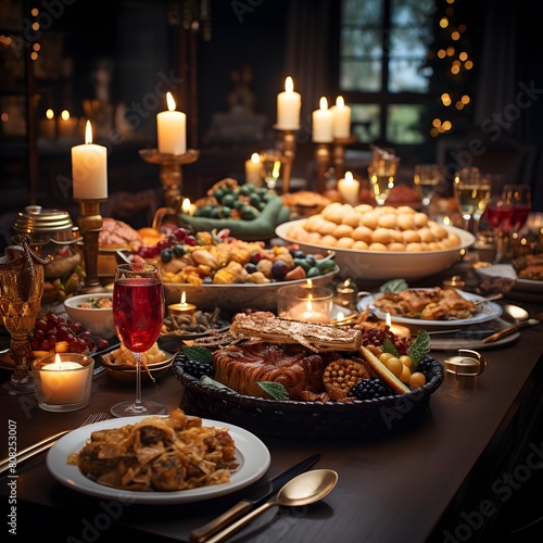 Traditional Christmas table with food  wine and candles in the dark.