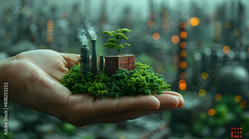 Empowering EcoFriendly Manufacturing A Hand Pushes a Miniature Green Factory Forward in the Face of a Larger Polluting Factory photo