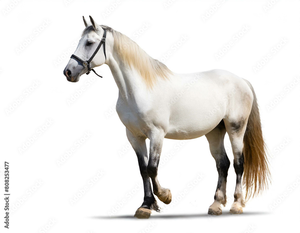 Weißes Pferd auf vier beinen isoliert auf weißen Hintergrund, Freisteller