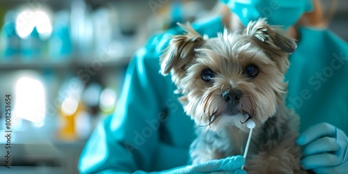 Cleaning Small Dogs' Ears with Cotton Swabs at the Vet Clinic. Concept Pet Grooming, Veterinary Care, Canine Health, Ear Cleaning, Cotton Swabs photo