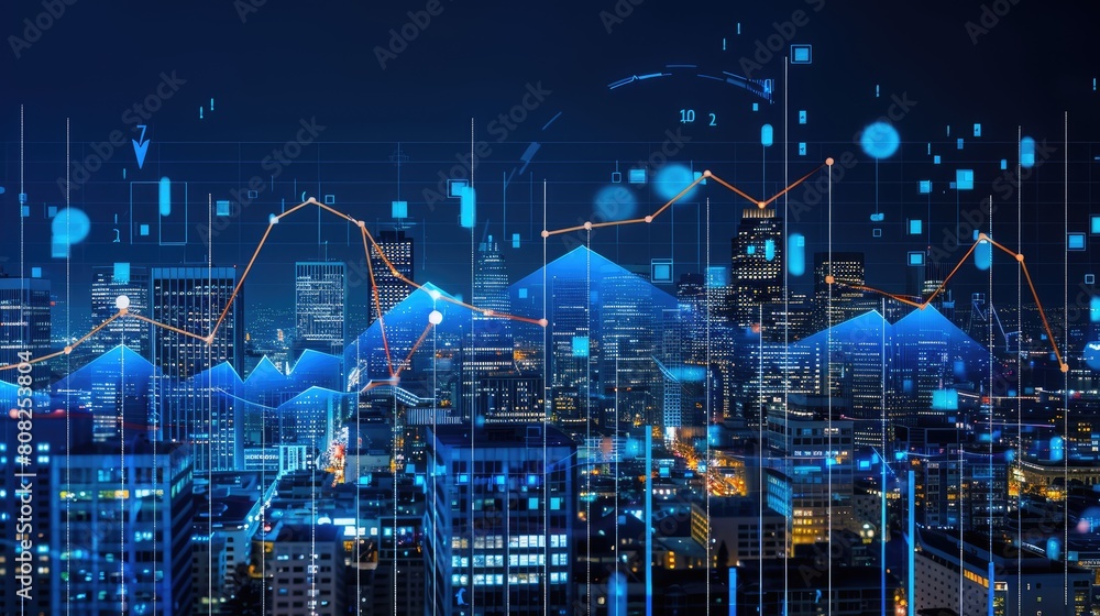 the city skyline adorned with financial graphs and stock market data overlay, symbolizing the pulse of global trading and business activity.