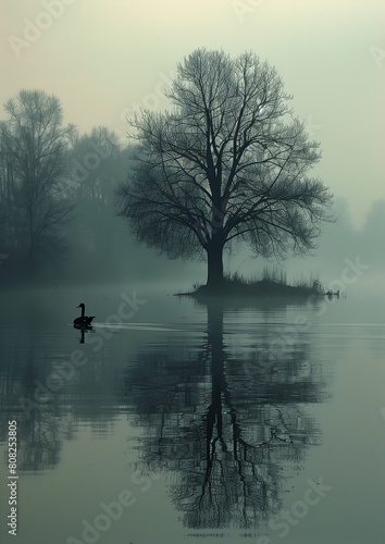 lake fog tree background ambient calm serene relaxed tone dawn bluish anomalous object swan alone © Cary