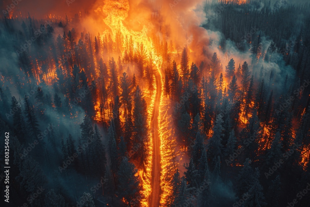 A powerful depiction of a forest fire tearing its path through dense woods, with vibrant flames and smoke rising A powerful depiction of a forest fire tearing its path through dense woods, with vibrant flames and smoke rising