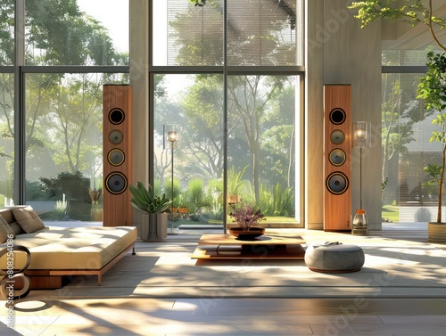 speakers at a modern living room  exquisite speakers craftsmanship
