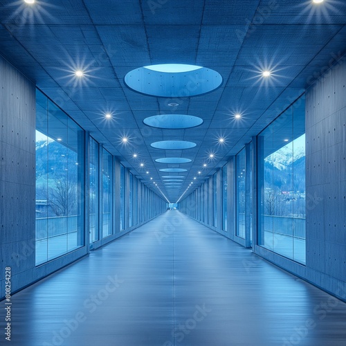 Futuristic corridor with circular light fixtures