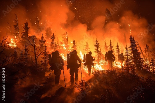 Firefighters are shrouded in orange flames and smoke in a fierce forest fire at night
