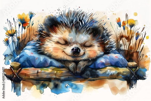 hedgehog sleeping pillow grass popular graffiti bright ink splashes splashing deep garden utopia smiling dry brushing