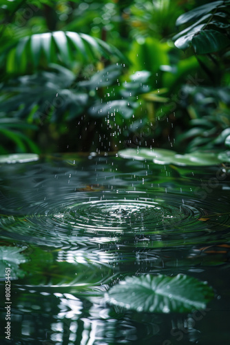 A scene of raindrops hitting a jungle pond  causing ripples and reflecting the surrounding plant life in the water        s surface 