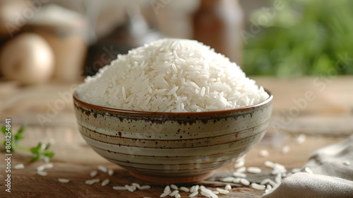 Freshly Prepared Aromatic White Rice Served in a Rustic Earthenware Bowl on a Wooden Table