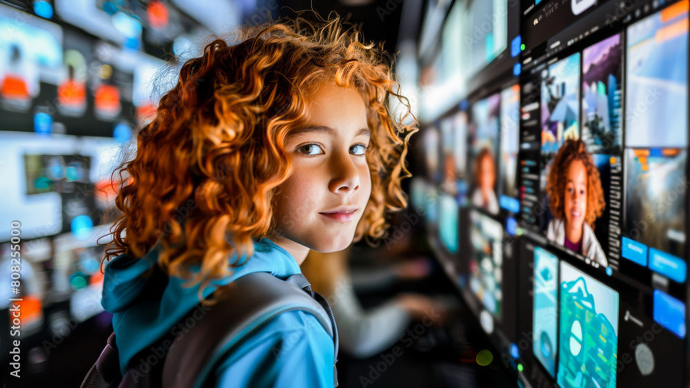 A young child with curly red hair explores a wall of digital multimedia screens with curiosity and wonder. A young child with curly red hair explores a wall of digital multimedia screens with curiosity and wonder.