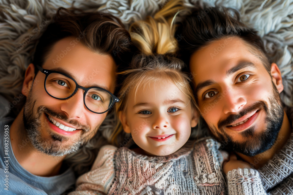 Cheerful family lying down together at home with smiling faces and a sense of warmth and happiness. Cheerful family lying down together at home with smiling faces and a sense of warmth and happiness.