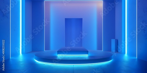 Futuristic Blue Podium with Neon Panels for Product Presentation and Showcase in a Minimalist Digital Space © kiatipol