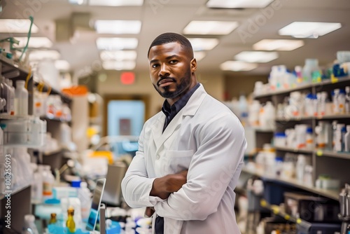 Confident African American pharmacist standing with arms crossed in a laboratory setting, portraying professionalism and dedication.