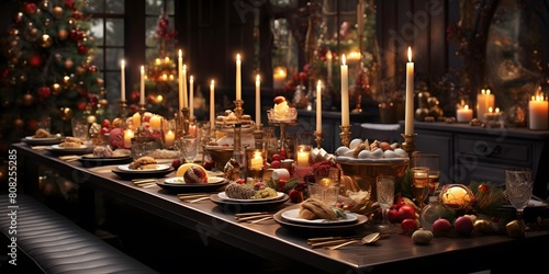 Christmas table with candles and food in a dark room with a Christmas tree