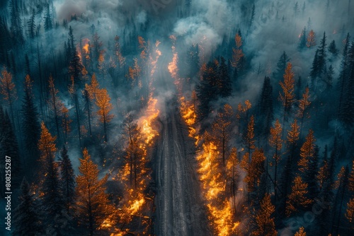 A forest fire rages close to a dirt road, as seen from an aerial perspective, showcasing the fire's spread