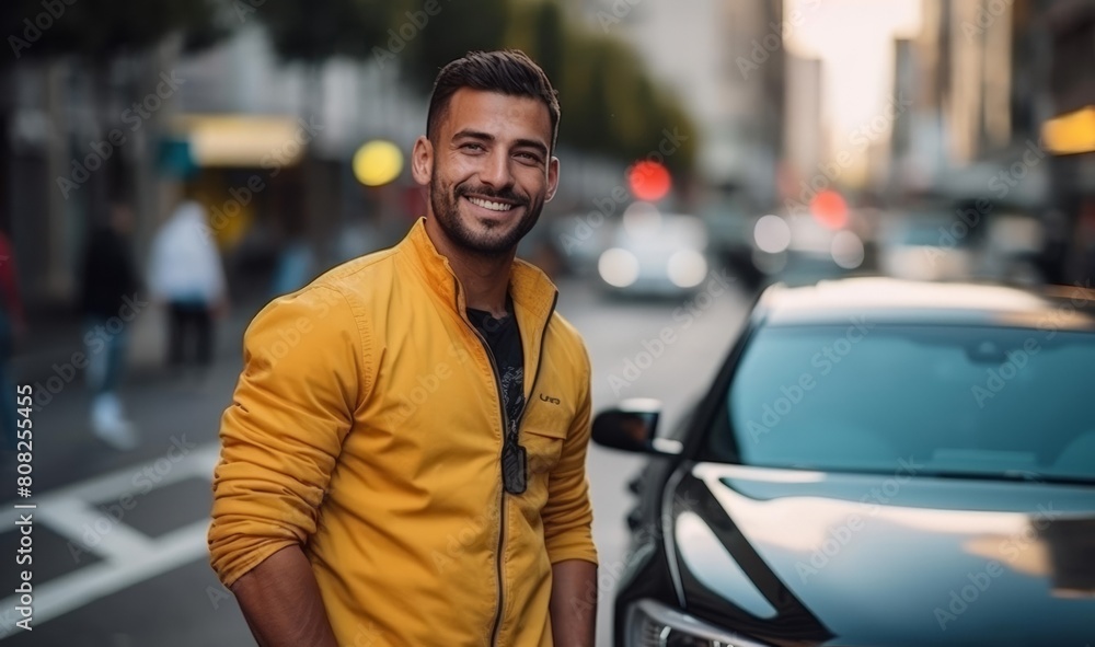 Handsome confident stylish hipster young bearded man in yellow outfit. Modern Fashion latino male posing in the street urban background near his car. Evening or morning city street. Outdoors Handsome confident stylish hipster young bearded man in yellow outfit. Modern Fashion latino male posing in the street urban background near his car. Evening or morning city street. Outdoors