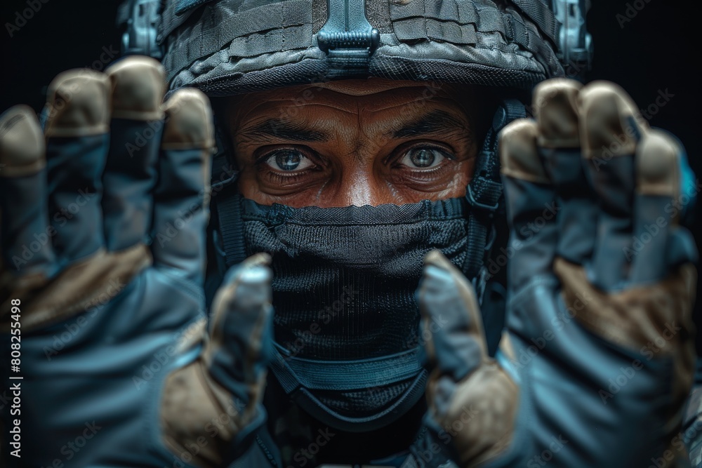Close-up shot of a person in tactical gear holding a non-identifiable blurred plaque Close-up shot of a person in tactical gear holding a non-identifiable blurred plaque