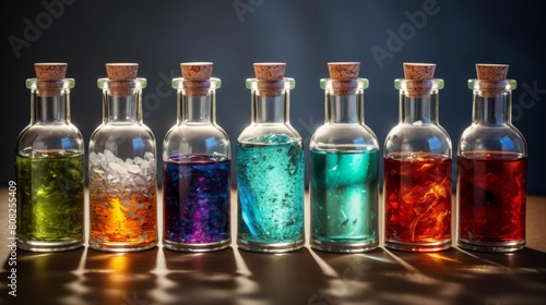 Food coloring in glass bottles on black background isolate, yellow, blue, green, orange, red bottles of food coloring. Glassware with Colorful Ingredients. Medical mixture components, modern lab