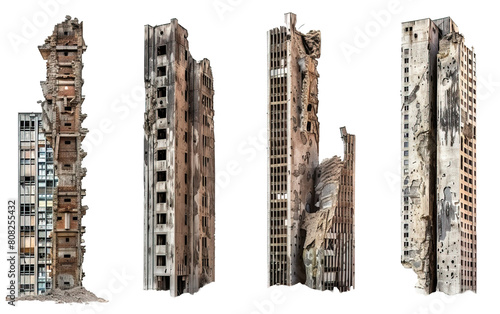 Collection of ruined skyscrapers on transparent or white background