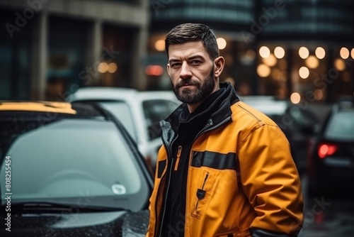 Handsome confident stylish hipster young bearded man in yellow outfit. Modern Fashion caucasian male posing in the street urban background near his car. Evening or morning city street. Outdoors