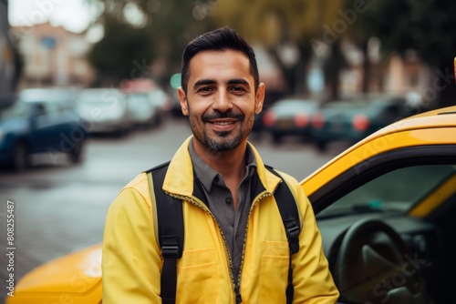 Handsome latino american taxi driver near car on city street. The driver of a city taxi waiting for passengers near an expensive hotel. Concept of calling taxi, waiting for roadside assistance photo