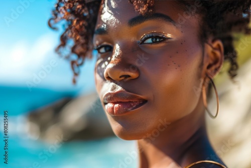 Hero view. Portrait of adorable positive curly hairstyle dark skin lady enjoy warm weather spend free time outdoors. Beautiful african american Woman under Sun on beach, Summer Vacation #808255495