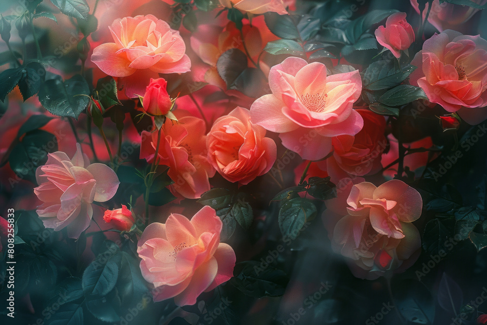 Fototapeta premium A rhythmic pattern of abstract roses, with petals and leaves intertwining in a dance of reds, pinks, and greens,