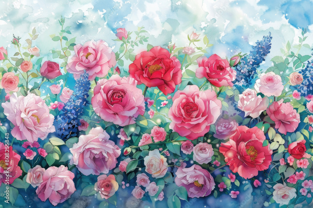 A painting featuring vibrant pink and red flowers standing out against a cool blue background