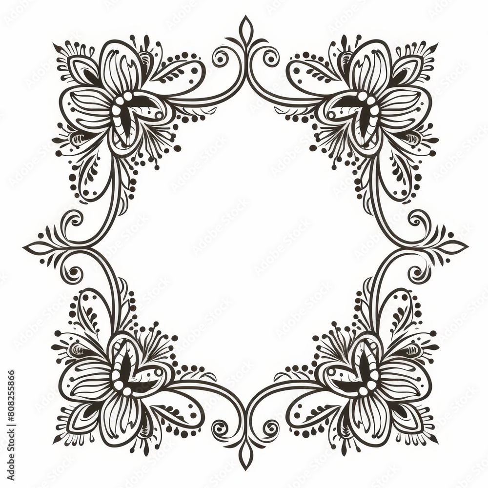 Indian Henna Frame. Elegant black and white hand-drawn floral frame with decorative flowers and leaves Indian Henna Frame. Elegant black and white hand-drawn floral frame with decorative flowers and leaves