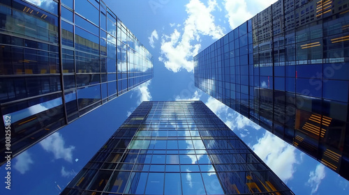 Bottom-up view of modern business office buildings. Reflective skyscraper with blue sky. Generative AI