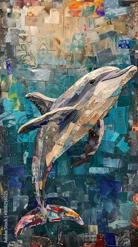 Dolphin collage. Art Combined  charming and unique artwork. Dolphin in the water