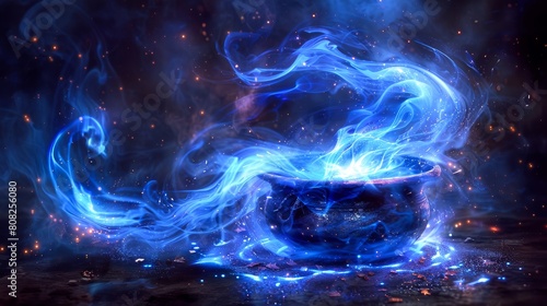 A magic blue potion in a stone bowl with magical blue flames photo