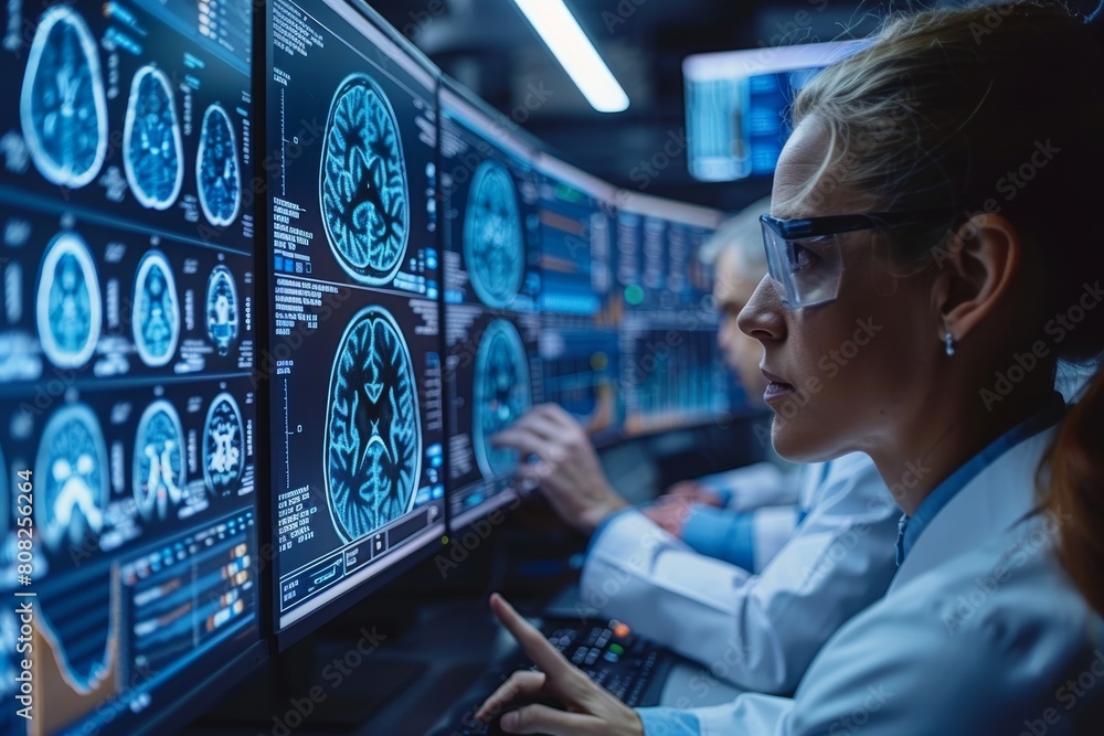 A medical professional analyzing MRI brain scans on multiple high-tech digital screens in a dark room A medical professional analyzing MRI brain scans on multiple high-tech digital screens in a dark room