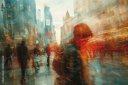 A warm-toned image portraying the hustle and bustle of city life in a blur, symbolizing constant movement photo