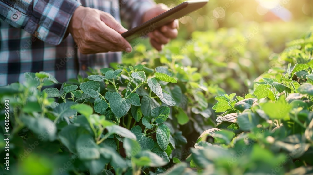 Male farmer holding tablet on soybean field, using technology in agriculture for farming management Male farmer holding tablet on soybean field, using technology in agriculture for farming management