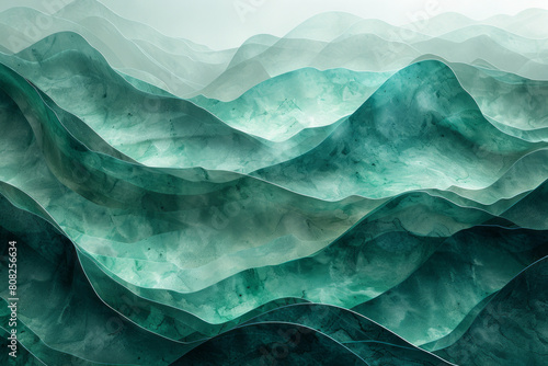 A graphic design using turquoise and sea green geometrical shapes, layered to simulate waves receding from the shore, photo