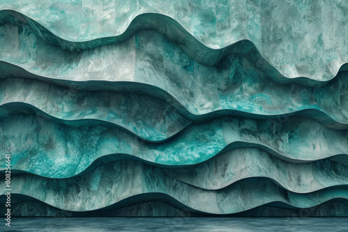 A graphic design using turquoise and sea green geometrical shapes, layered to simulate waves receding from the shore, photo