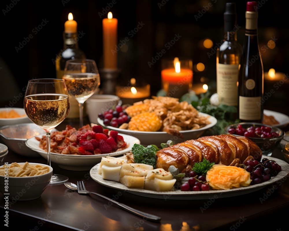 Traditional christmas table setting with food and wine. Festive dinner in the dark