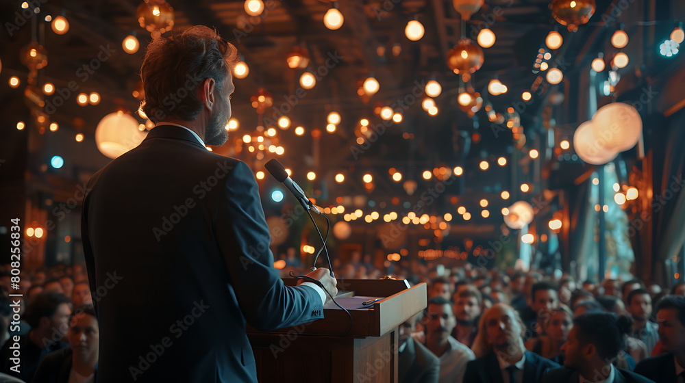Fototapeta premium Man delivers speech to attentive audience in grand hall.