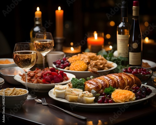 Traditional christmas table setting with food and wine. Festive dinner in the dark