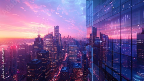 Majestic cityscape at sunset, showcasing vibrant pink skies and bustling urban life