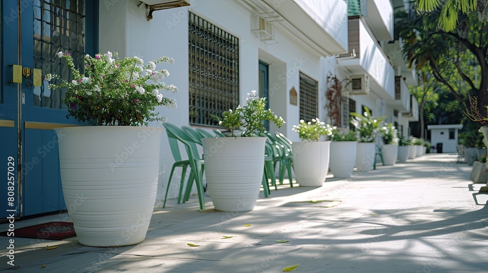 a row of white flower pots adorned with lush green plants, complemented by an outdoor table and chairs on a street corner, with a charming blue door in the background, illuminated by the warm rays.