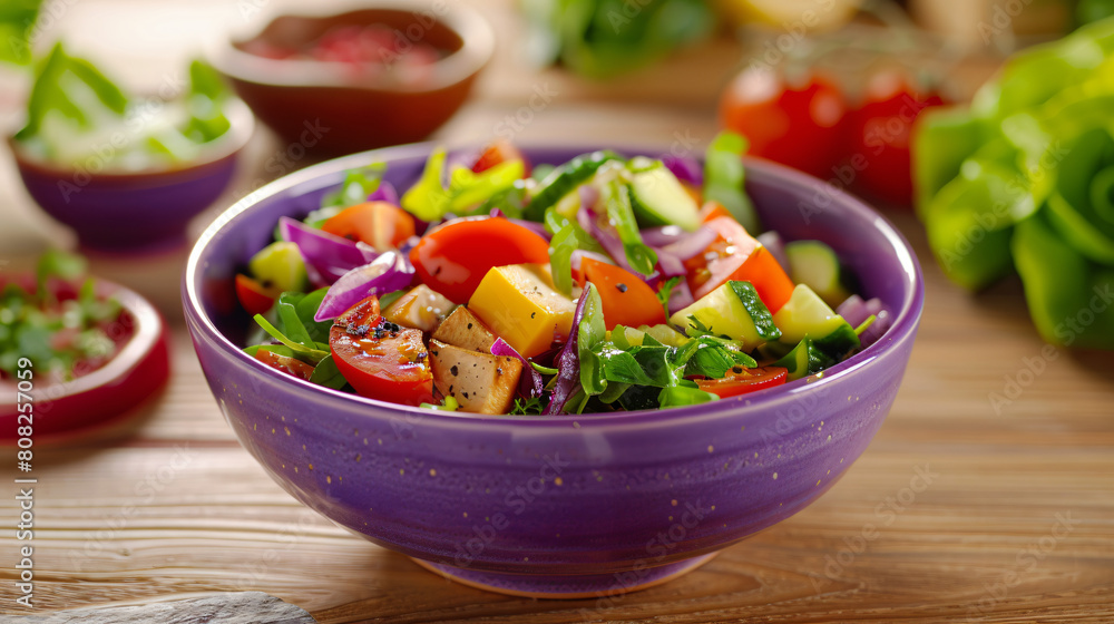 Purple Bowl With Salad on Wooden Table