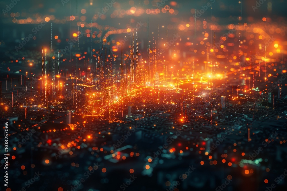 A depiction of a densely packed urban skyline illuminated in an orange and red haze suggesting urban energy A depiction of a densely packed urban skyline illuminated in an orange and red haze suggesting urban energy