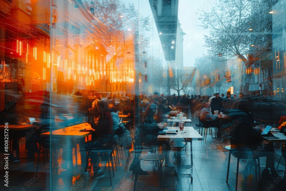 Obraz premium A bustling cafe scene unfolds in a vibrant street setting, with a throng of patrons enjoying their time amidst city life