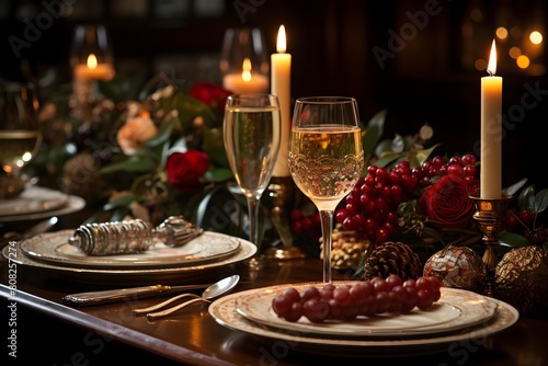 Festive table setting with wine and cutlery. Selective focus.