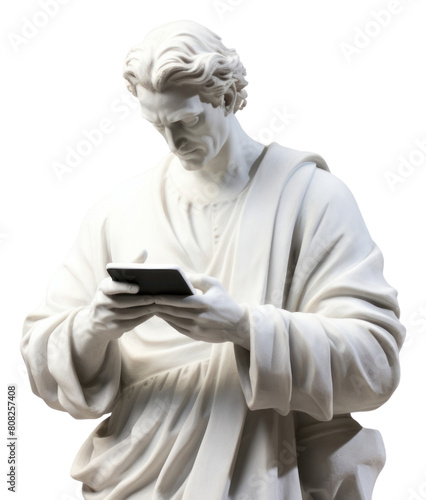 PNG A sculpture of man holding smart phone statue marble representation. photo