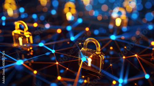 A lock positioned on top of a network of vibrant glowing lights, symbolizing security and connectivity in a digital world photo
