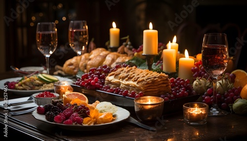 Festive table setting for Christmas and New Year dinner with a variety of food. © A